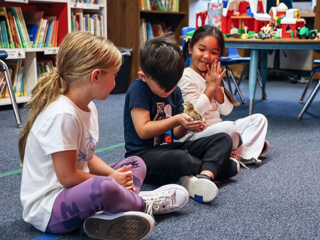 Young students sitting on the classroom floor playing together
