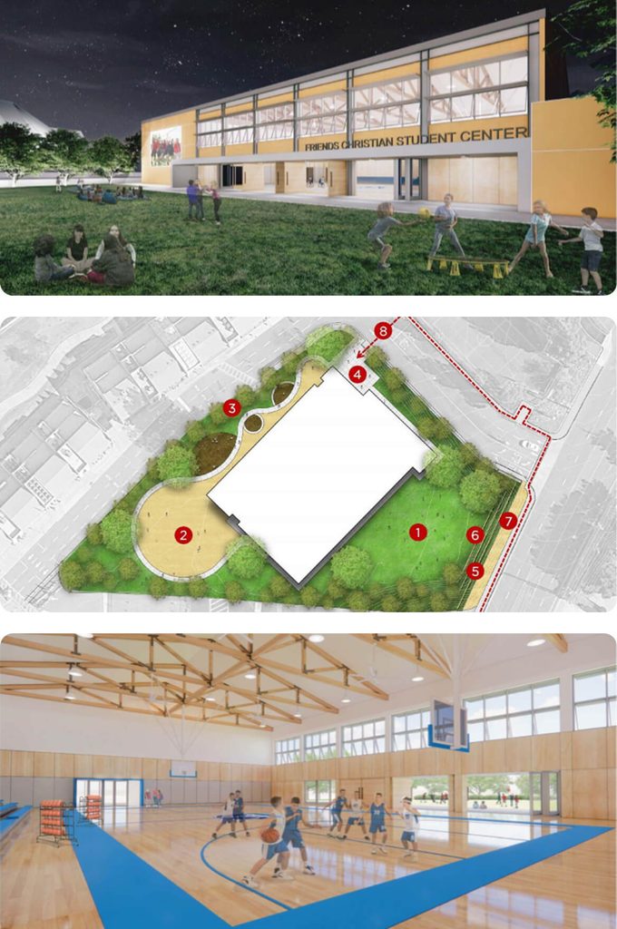 Renderings of planned campus projects, including a new building, outdoor field and gymnasium